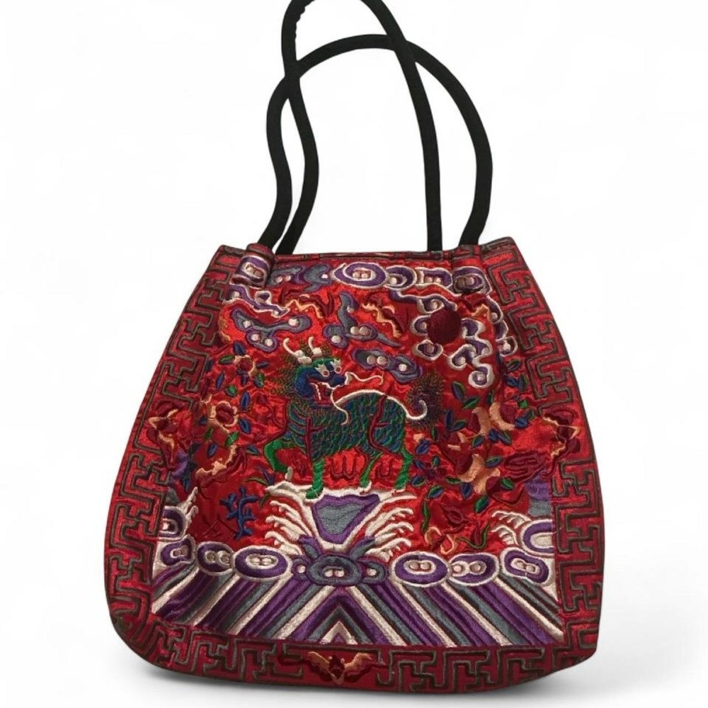 Unbranded Embroidered Tote Bag Womens Small‎ Red Kirin Asian Art